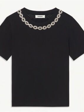 Sandro Black Short-Sleeve Tee with Crystal Chain Neckline